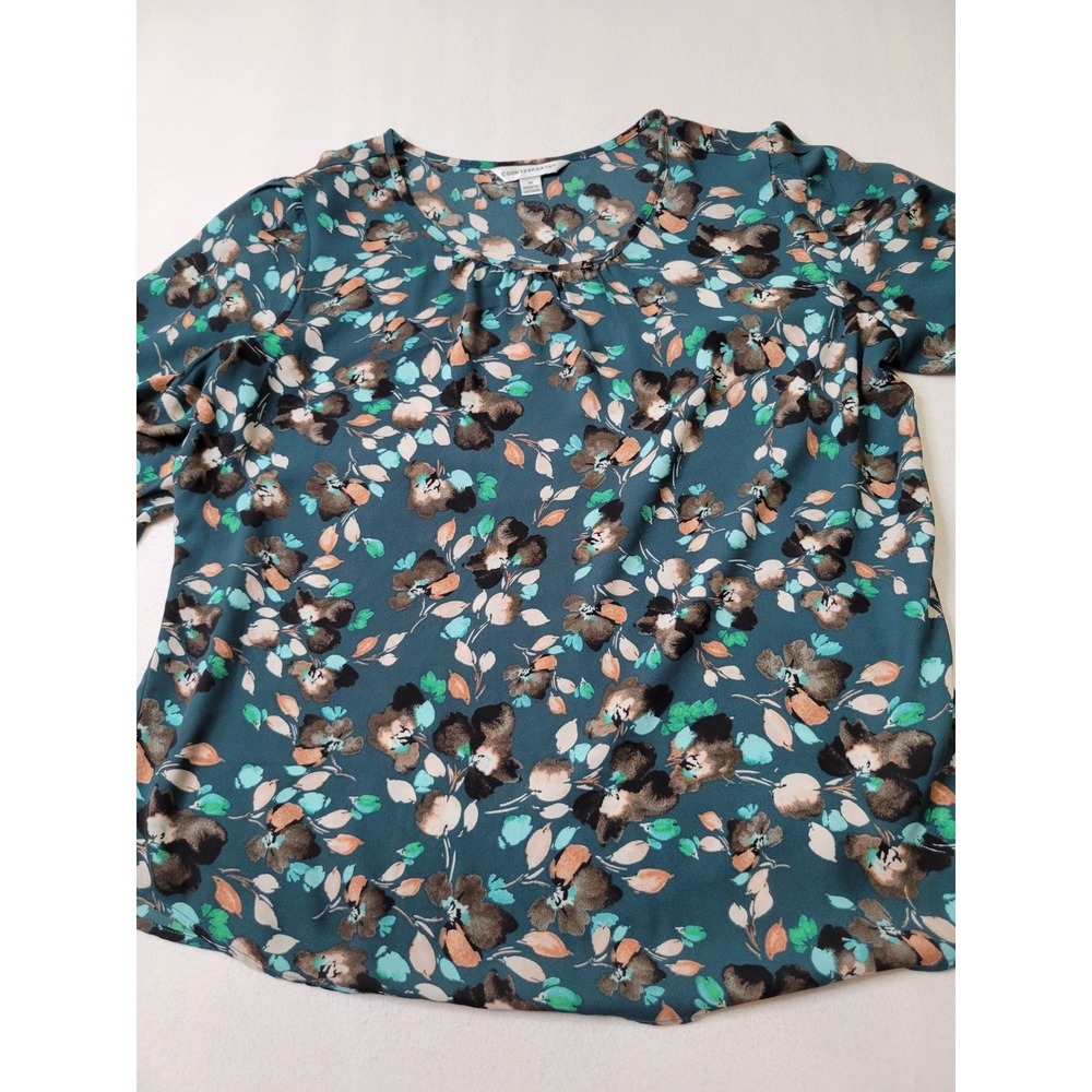 Counterparts Teal Floral Blouse Short Sleeve Tie Cuff Scoop Neck  Womens M 1229